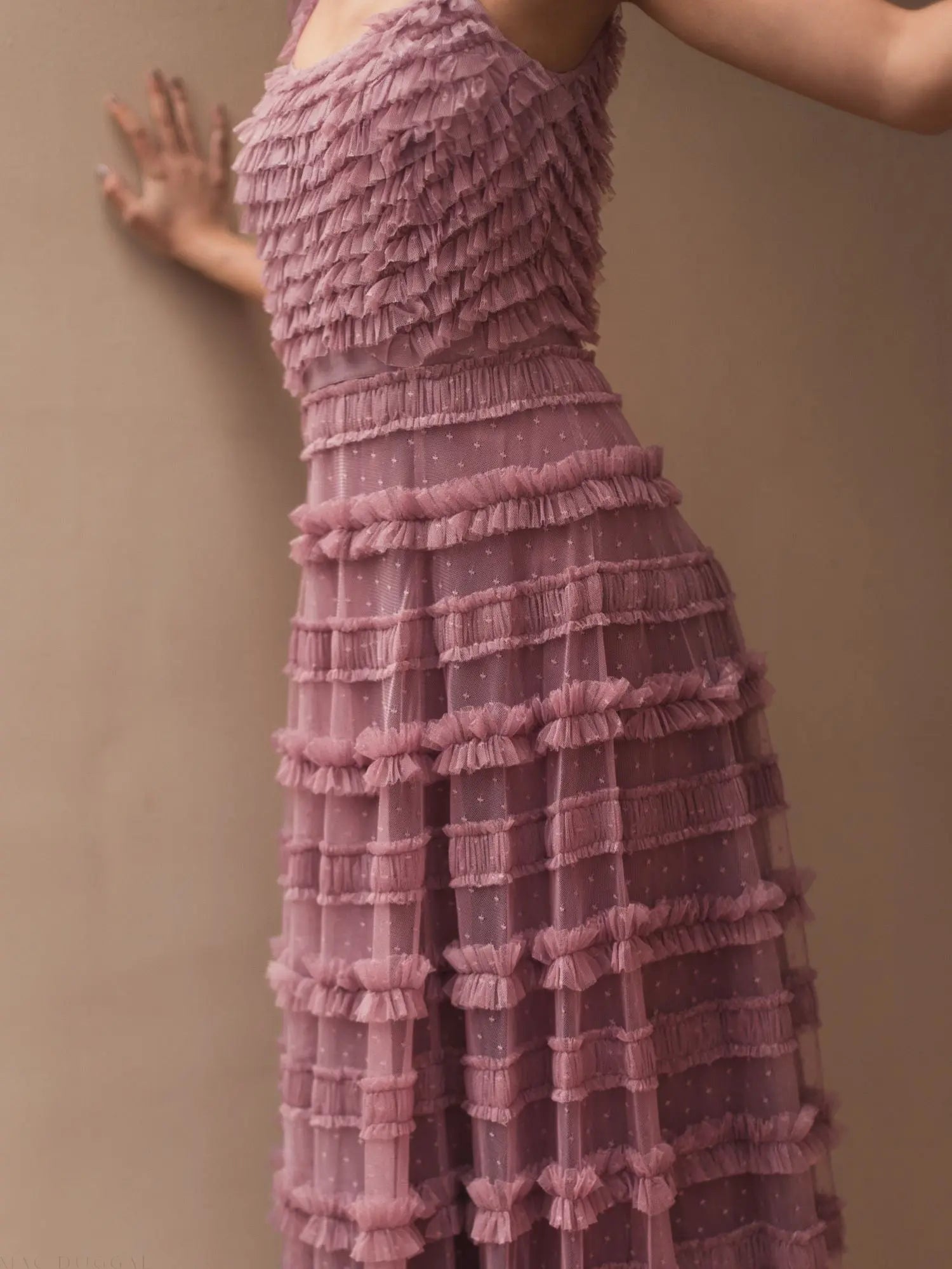 Pink Tiered Ruffle Cap Sleeve Gown