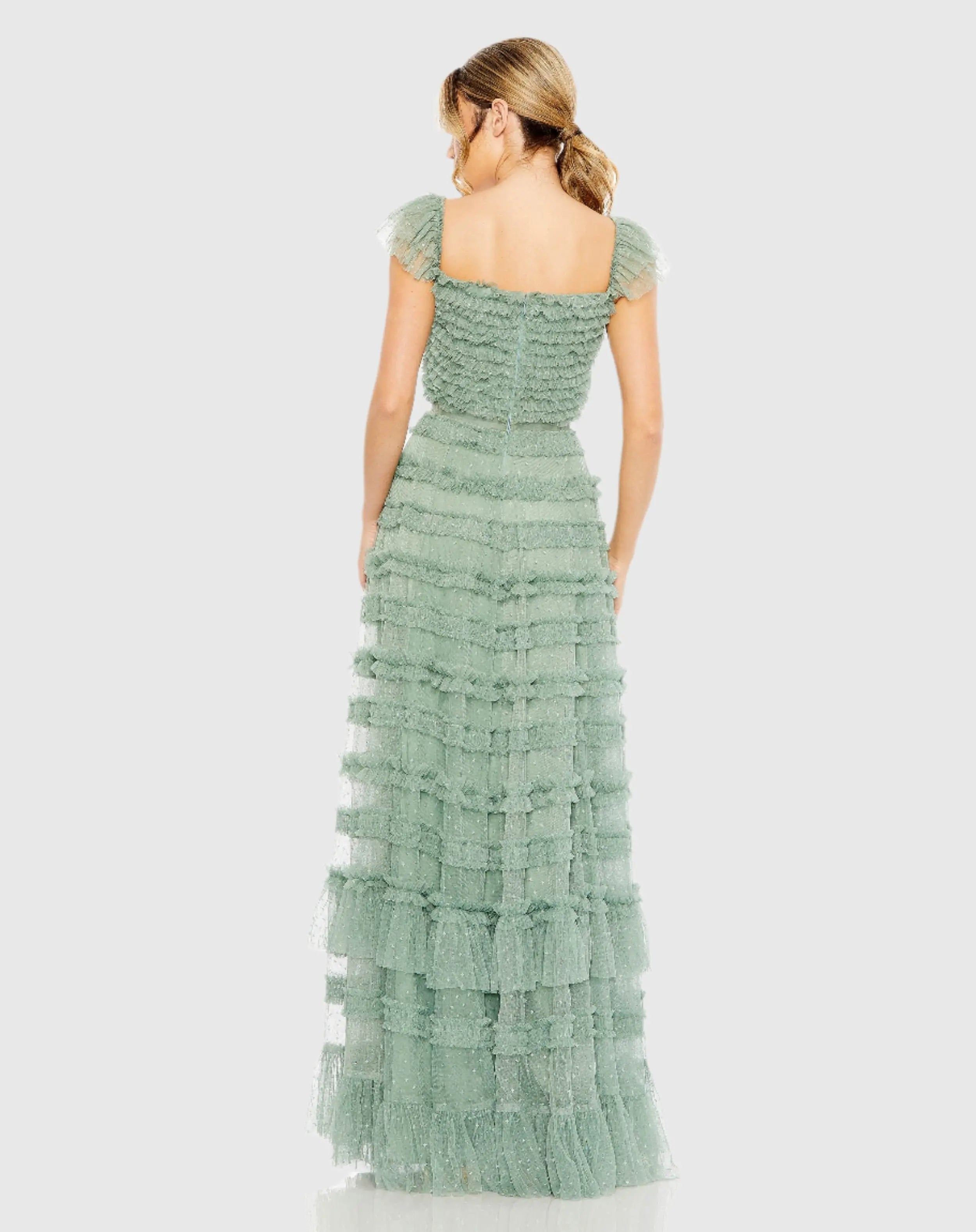 Green Ruffle Cap Sleeve Tiered Ruffle Gown