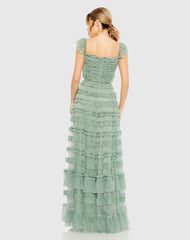 Green Ruffle Cap Sleeve Tiered Ruffle Gown