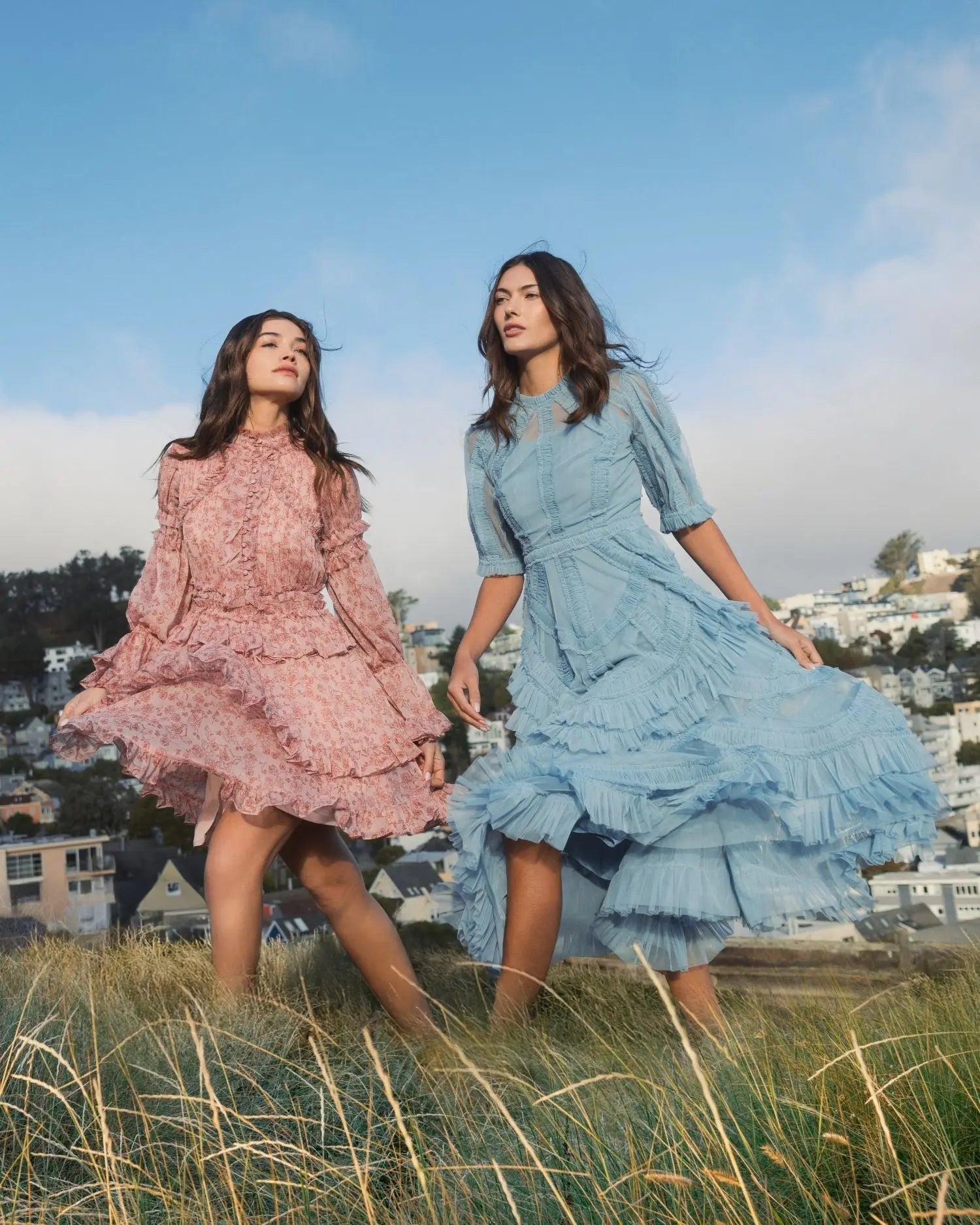 Blue High Neck Ruffle Tiered A-Line Midi Dress