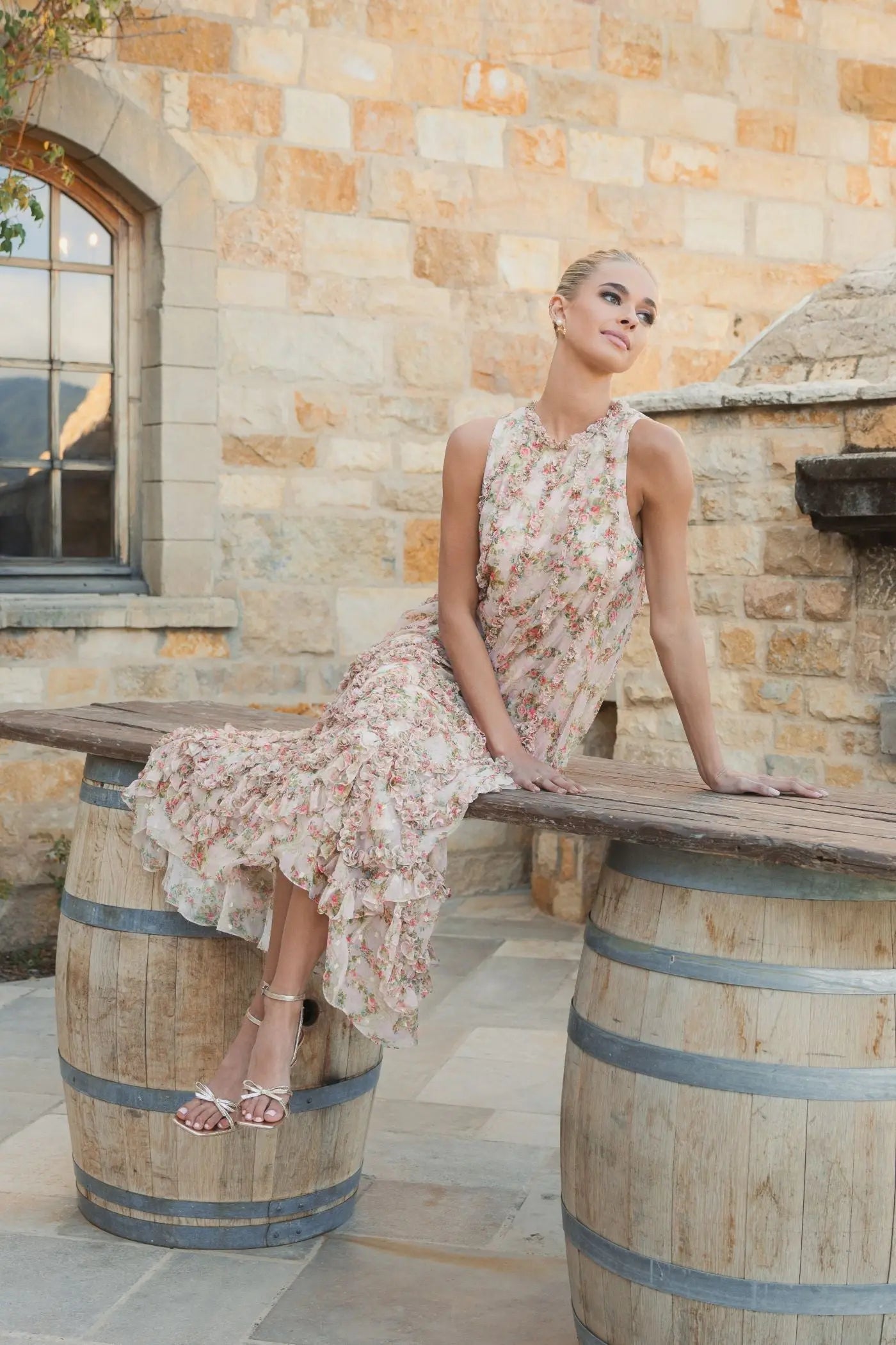 Pink Sleeveless Floral Chiffon Micro Ruffle Midi Dress