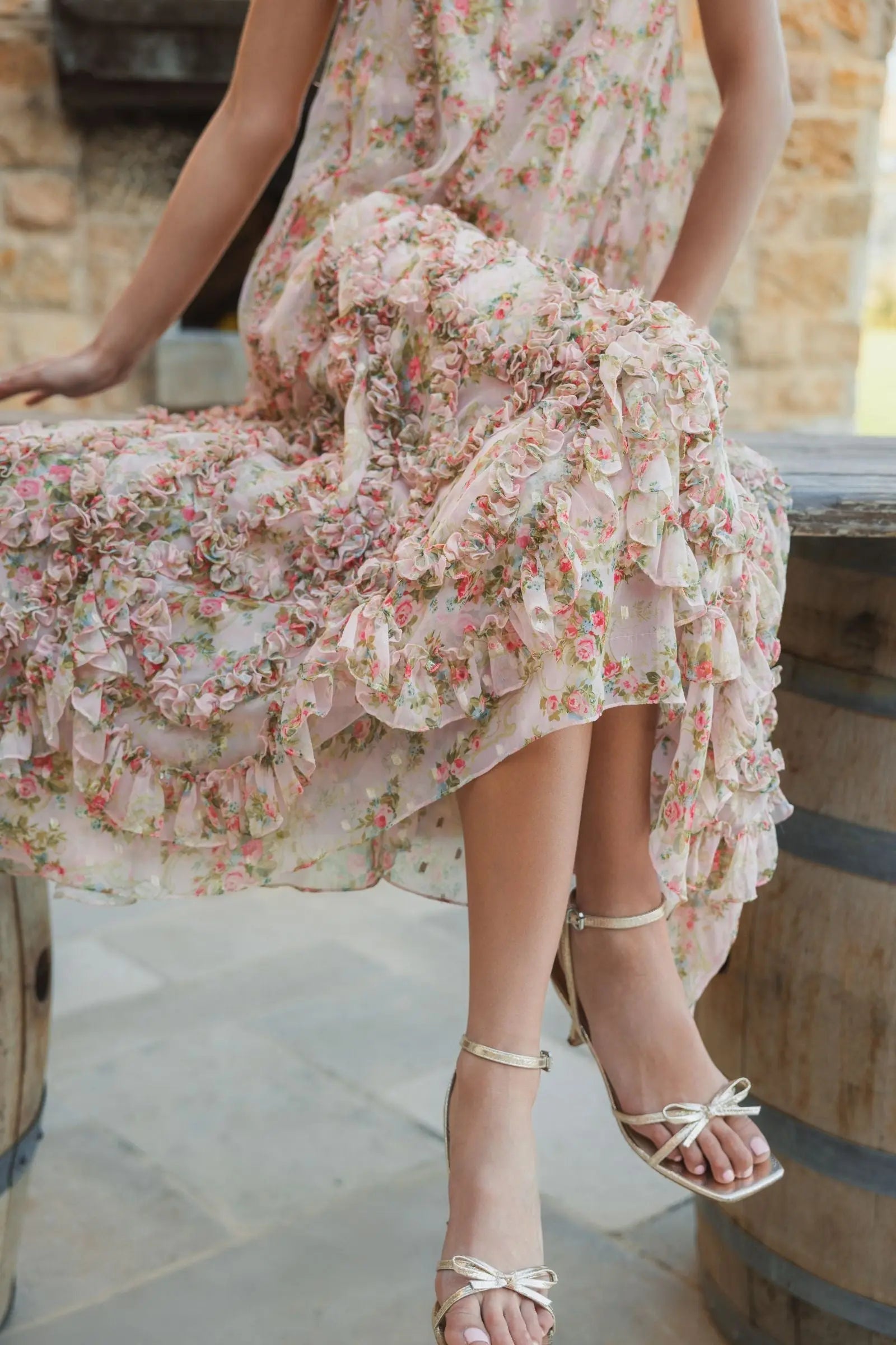 Pink Sleeveless Floral Chiffon Micro Ruffle Midi Dress