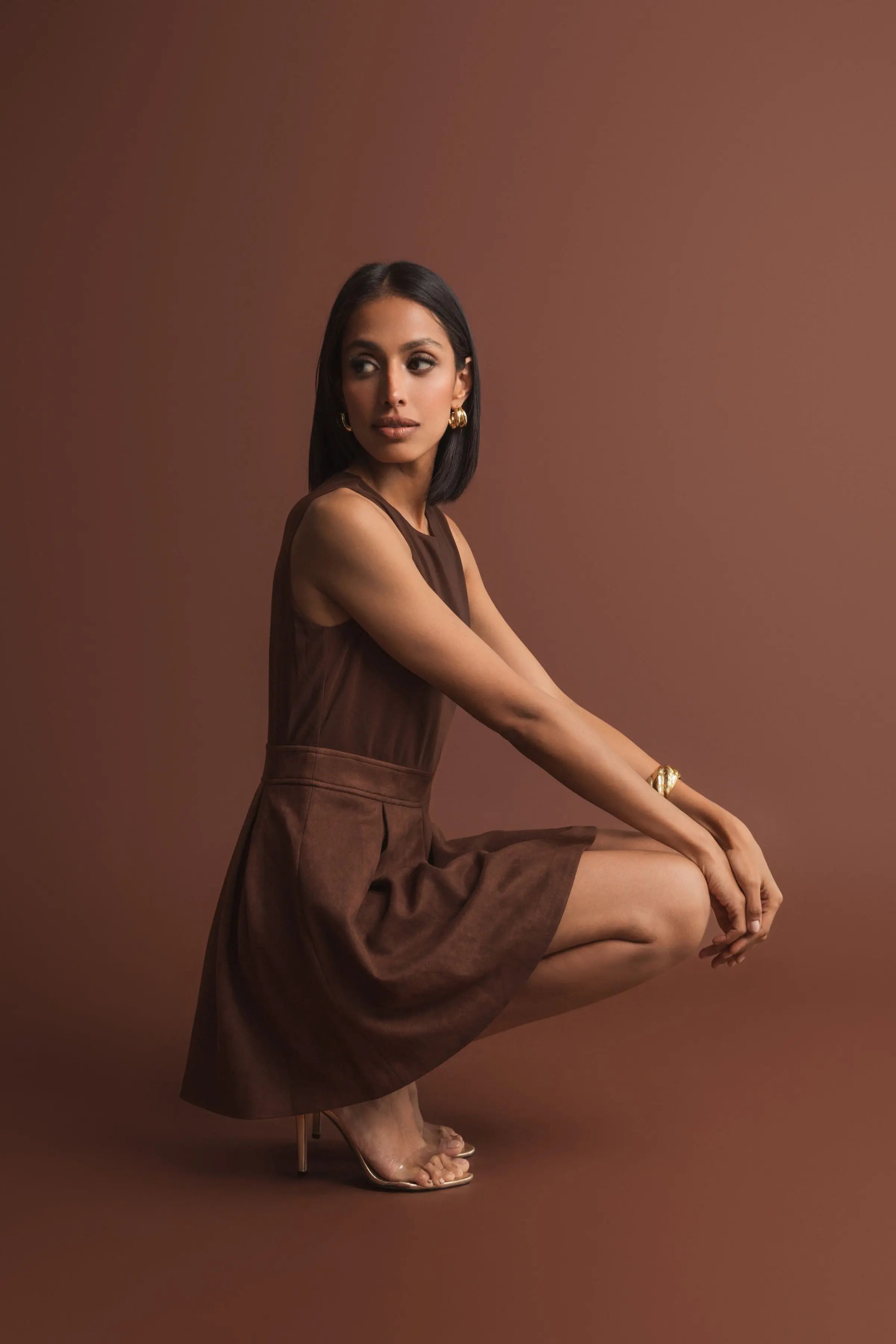 Brown Sleeveless Mesh And Suede A Line Mini Dress