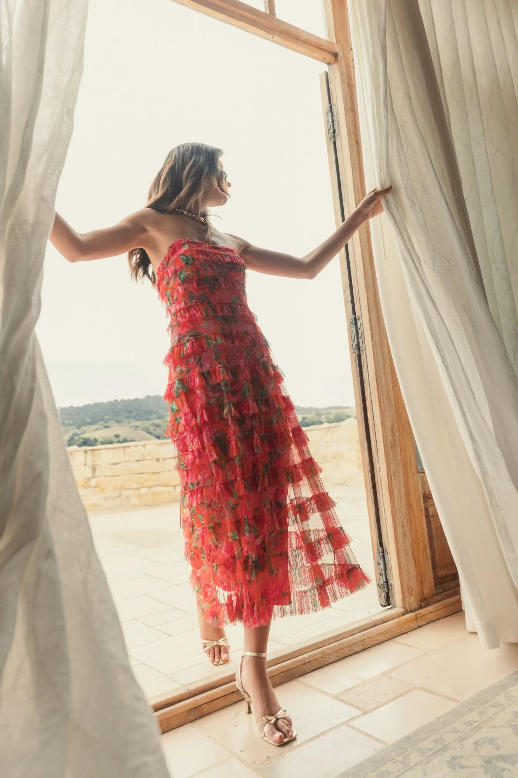 Multicolor Strapless Floral Micro Ruffle Dress