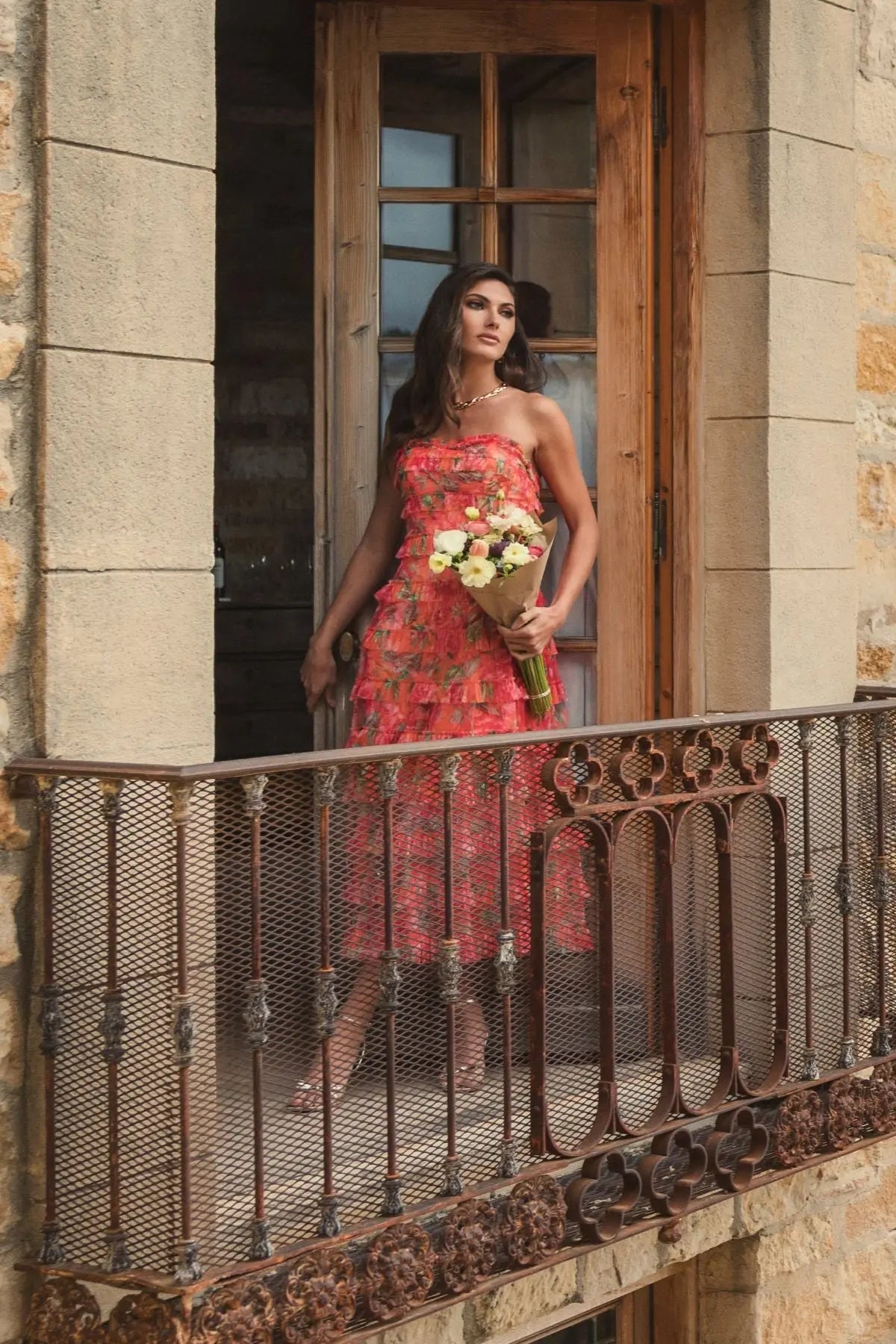 Multicolor Strapless Floral Micro Ruffle Dress