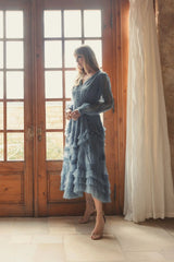 Blue Long Sleeve V-Neck Micro Ruffle Midi Dress