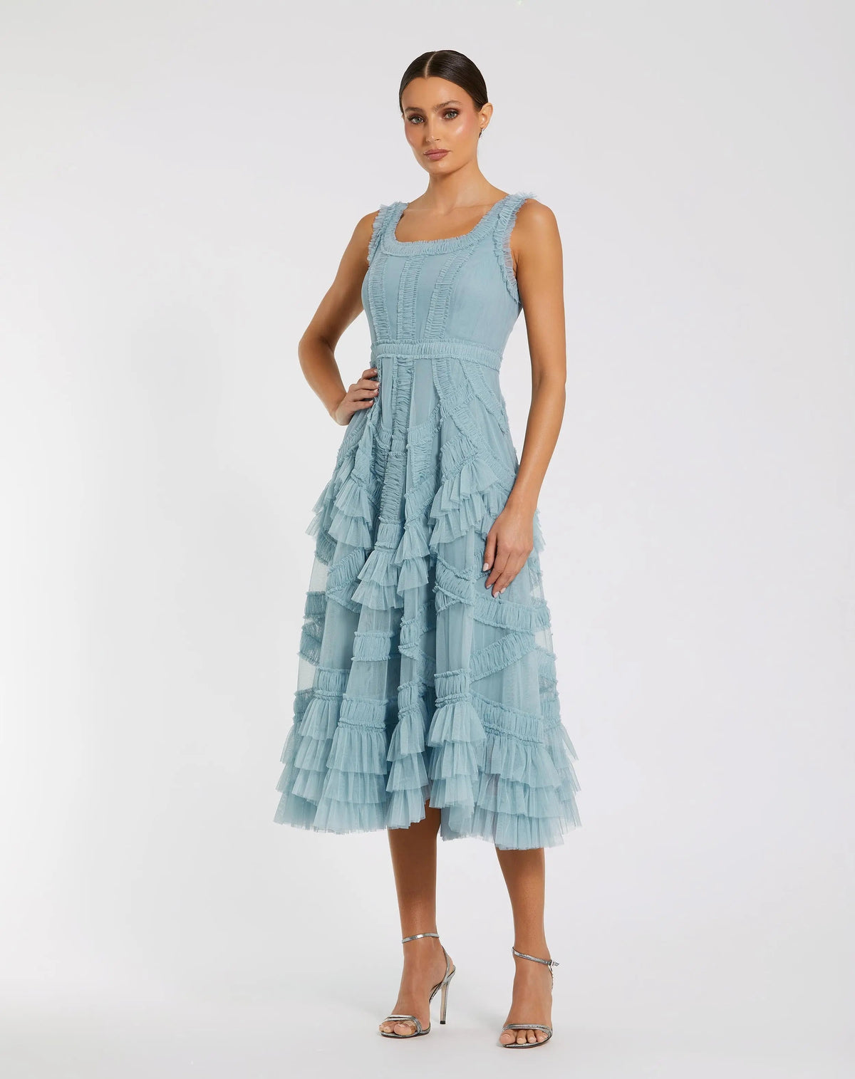 Blue Scoop Neck Sleeveless A-Line Ruffle Midi Dress