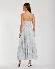 Blue and White Strapless Ruffle Floral Cotton Midi Dress