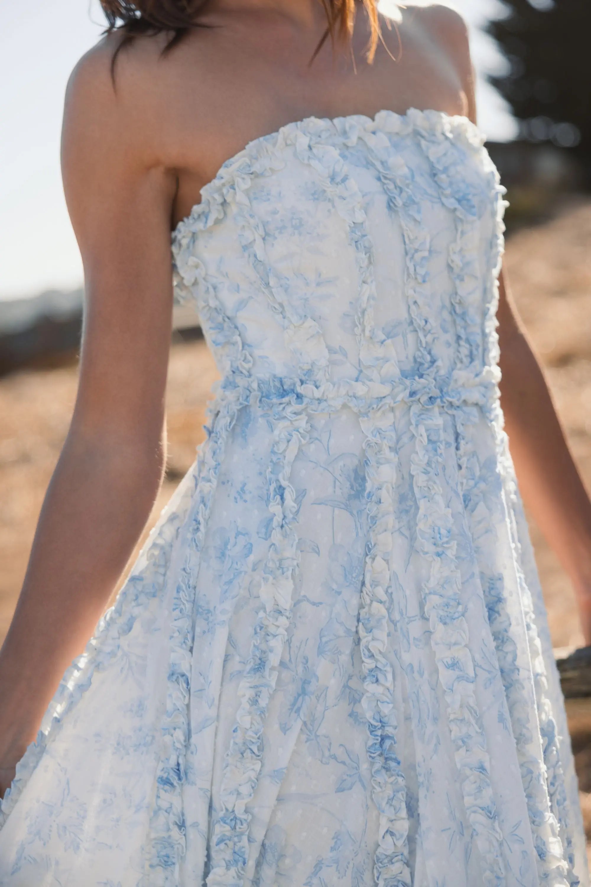 Blue and White Strapless Ruffle Floral Cotton Midi Dress