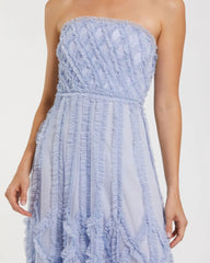 Blue Mesh Ruffle Strapless A-Line Midi Dress
