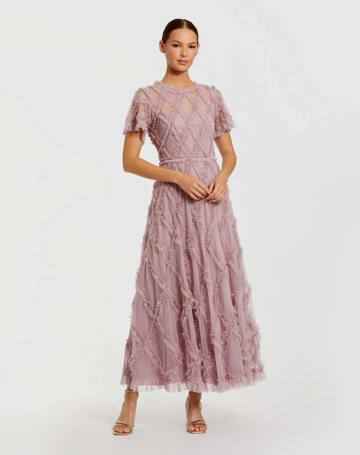 Pink Short Sleeve High Neck Ruffle Dress