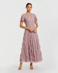 Pink Short Sleeve High Neck Ruffle Dress