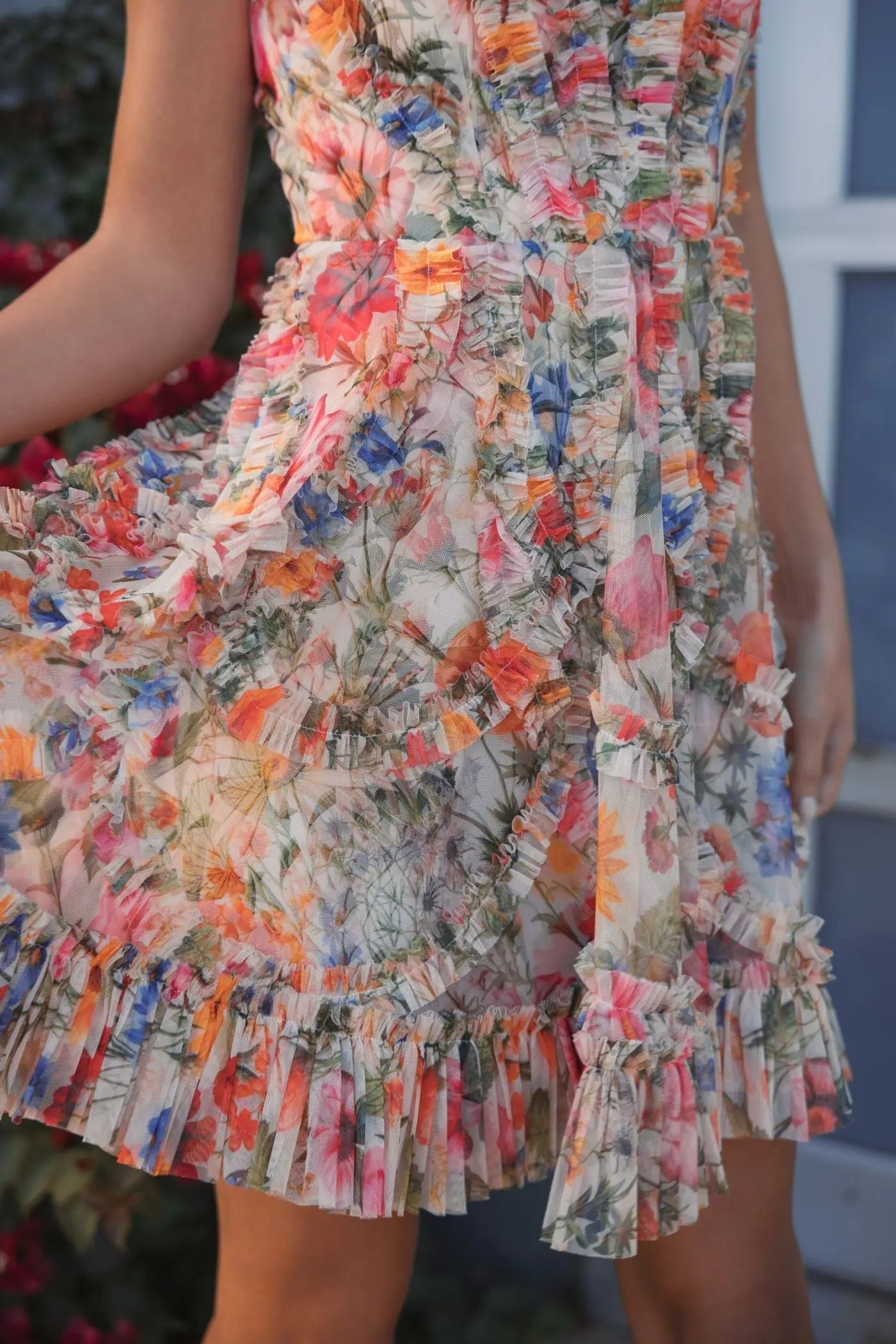 Multicolor Micro Ruffle High Neck A-Line Mini Dress