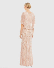 Pink Embellished Cap Sleeve Faux Wrap Trumpet Gown