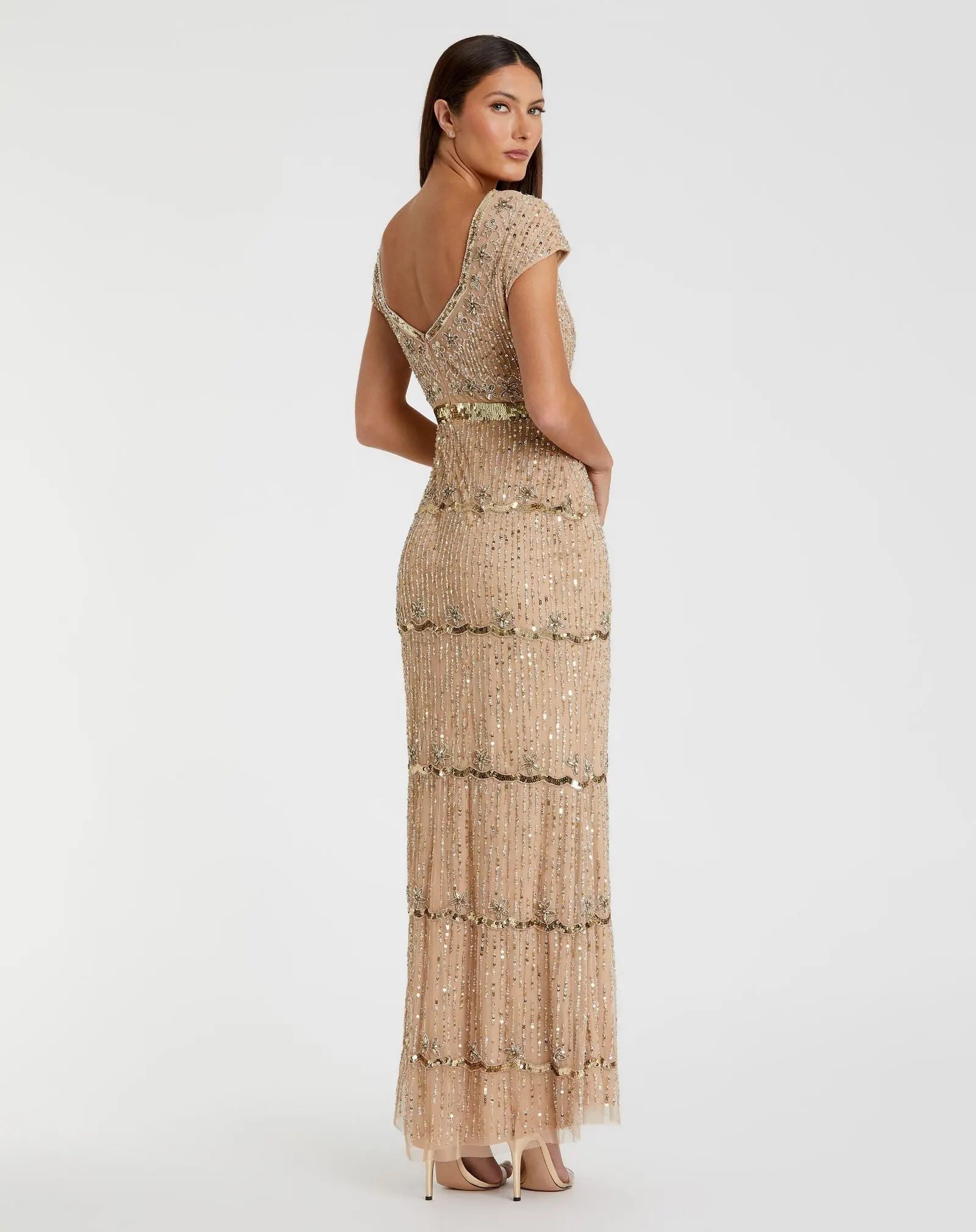 Gold Sequin Cap Sleeve Sweetheart Column Gown