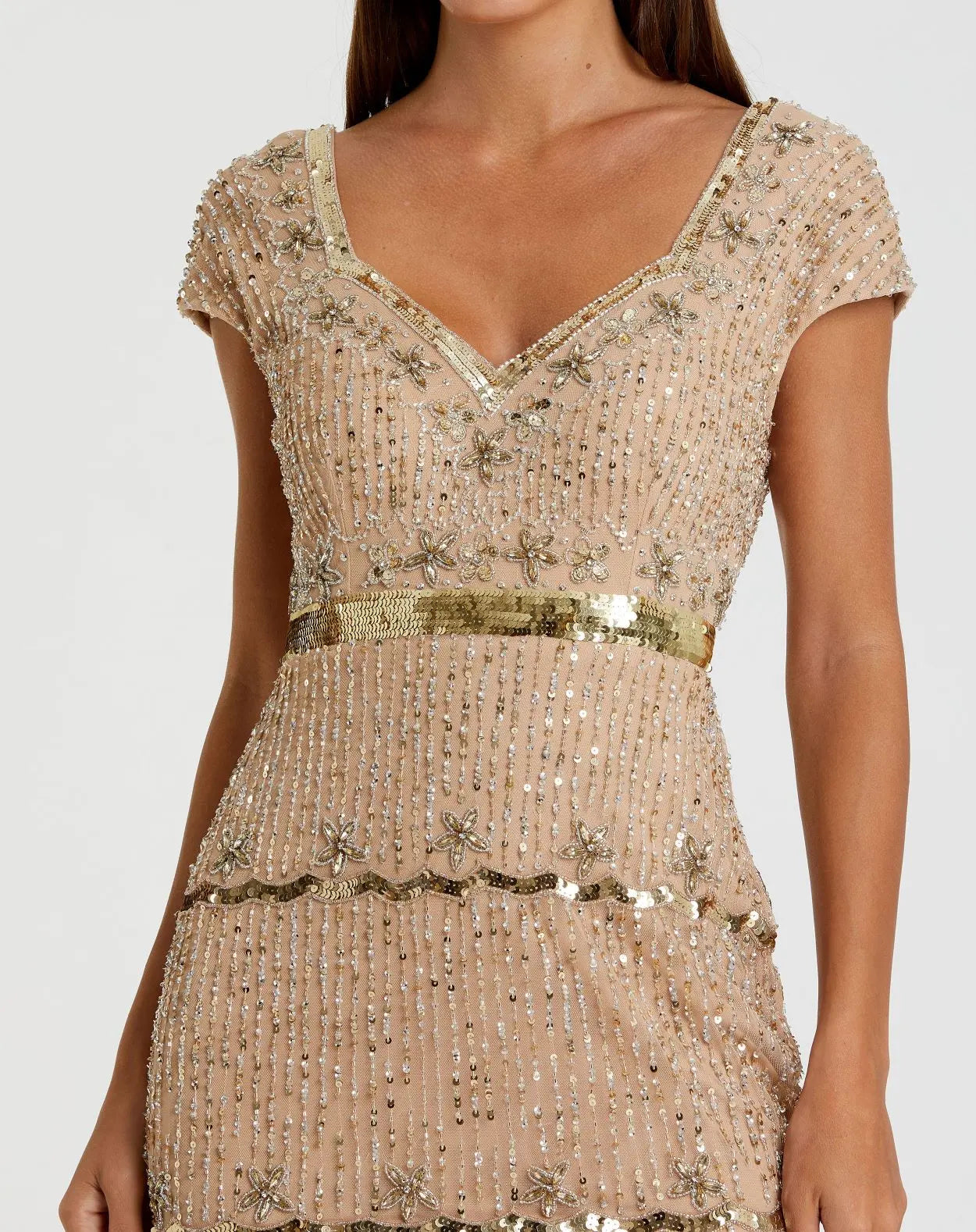 Gold Sequin Cap Sleeve Sweetheart Column Gown