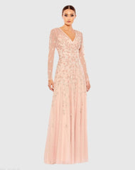 Embellished Wrap Over Illusion Long Sleeve A Line Gown