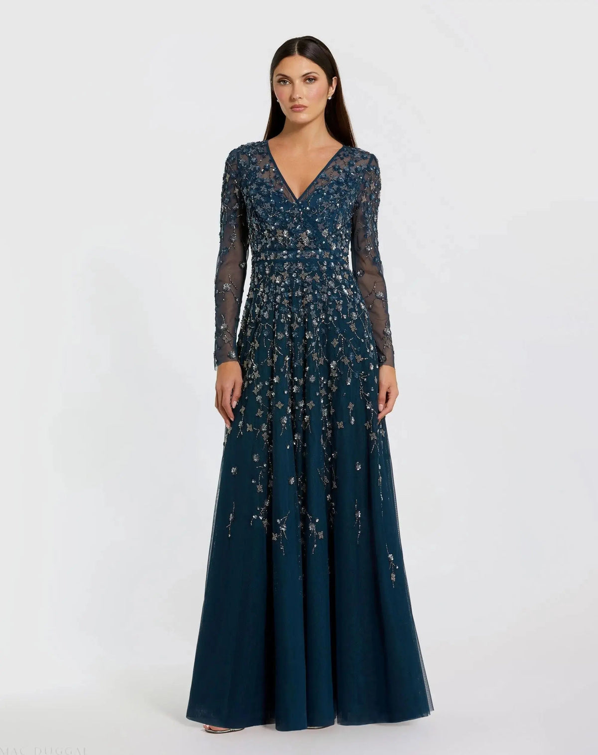 Navy Embellished Wrap Over Illusion Long Sleeve A Line Gown