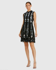 Black Sleeveless High Neck Embroidered Mini Dress