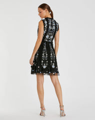 Black Sleeveless High Neck Embroidered Mini Dress