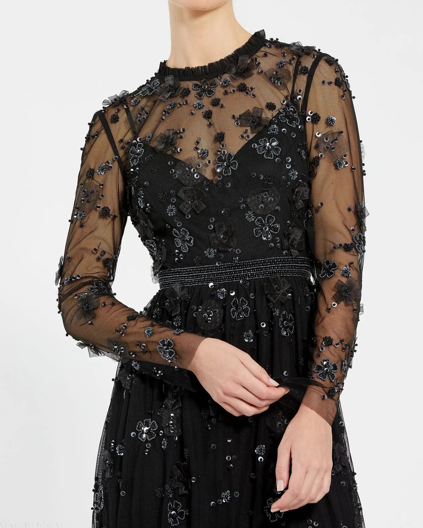 Black Sheer Long Sleeve Embellished Midi Dress