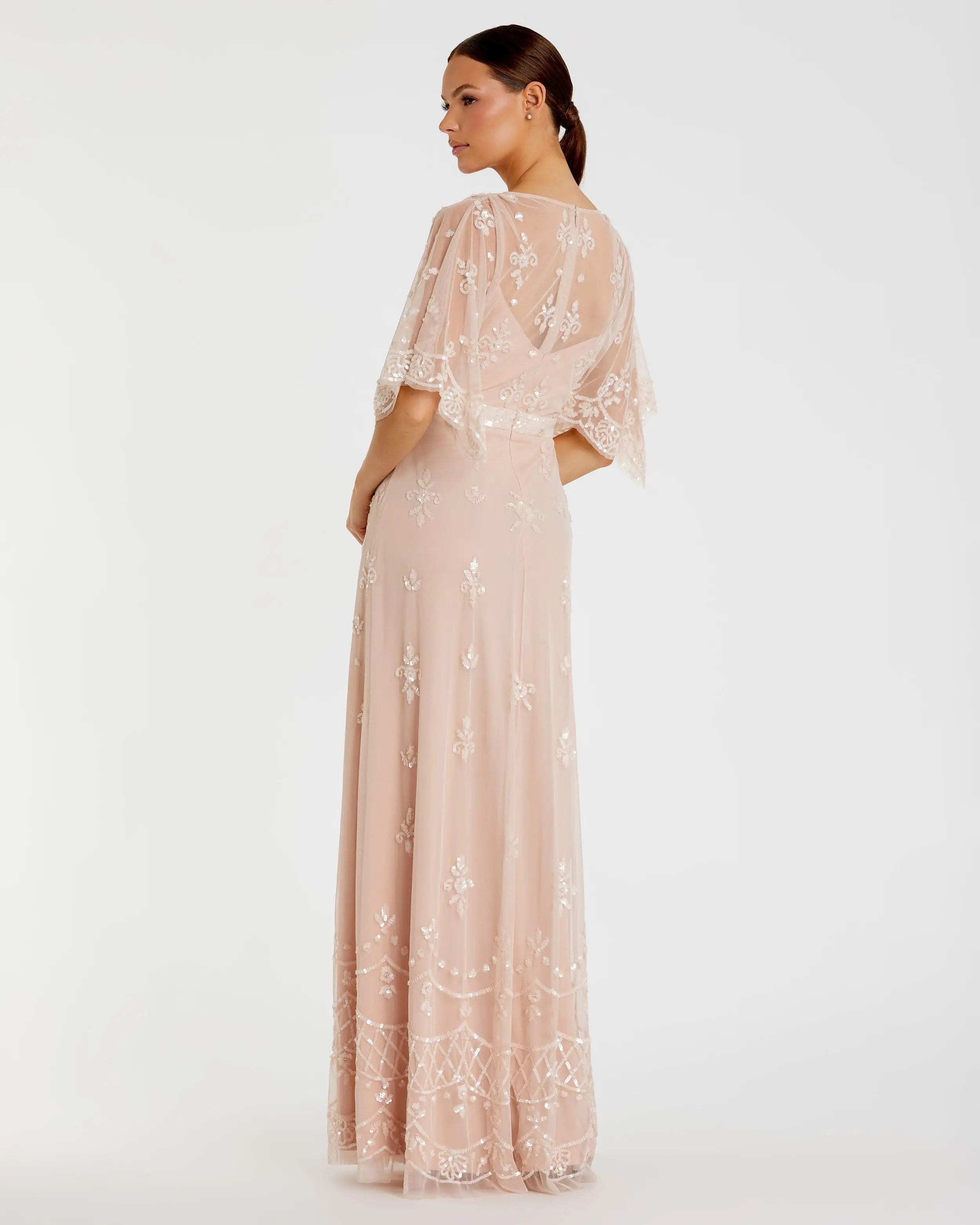 Pink V Neck Flounce Sleeve Embellished Mesh Gown