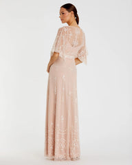 Pink V Neck Flounce Sleeve Embellished Mesh Gown