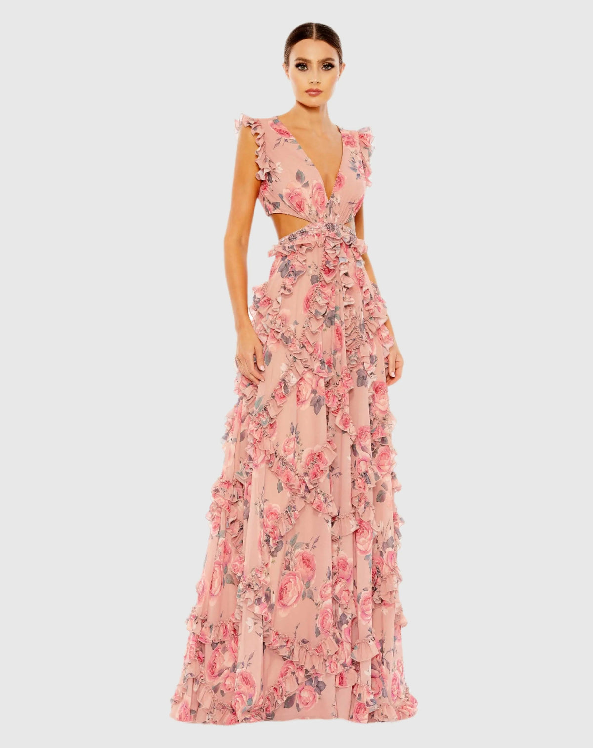 Pink Ruffled Cut Out Cap Sleeve V Neck Gown