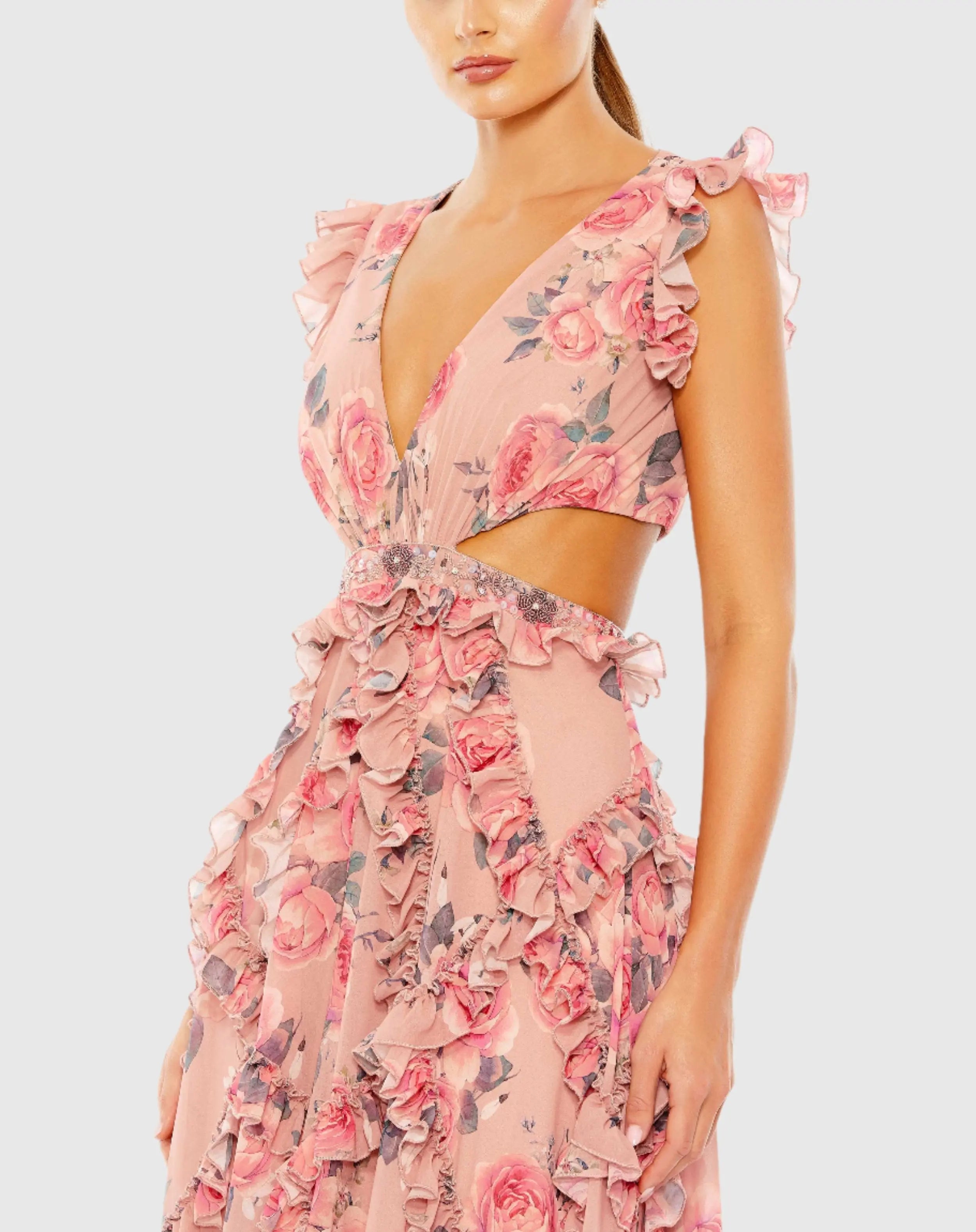 Pink Ruffled Cut Out Cap Sleeve V Neck Gown