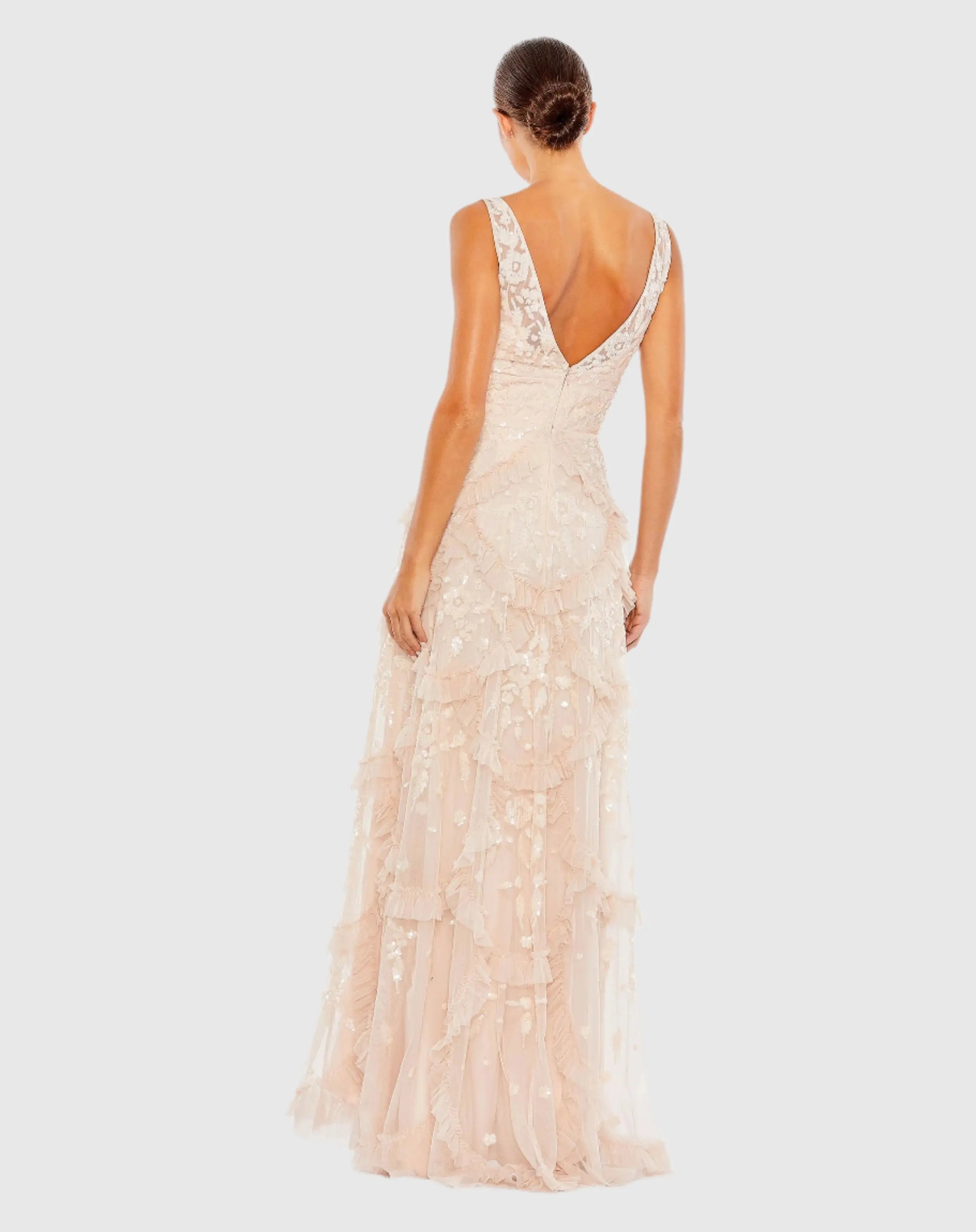 Pink Sequined Scallop Ruffle Tiered V-Neck Gown