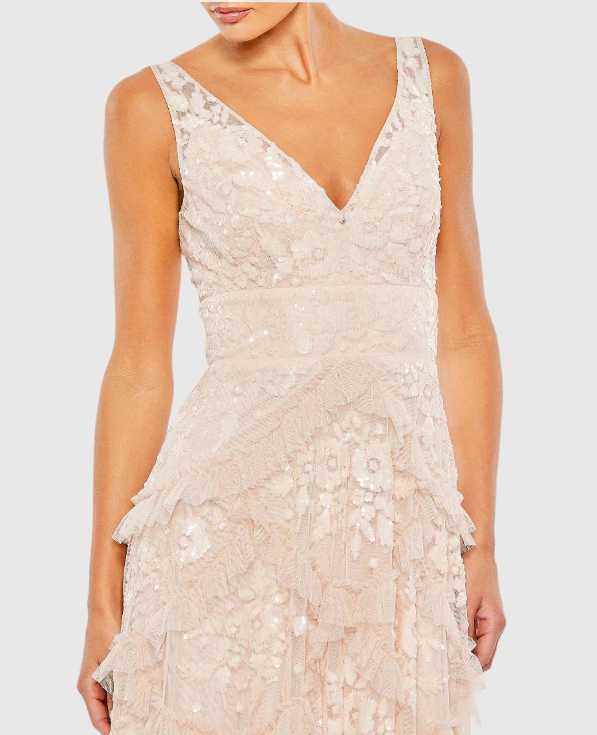 Pink Sequined Scallop Ruffle Tiered V-Neck Gown