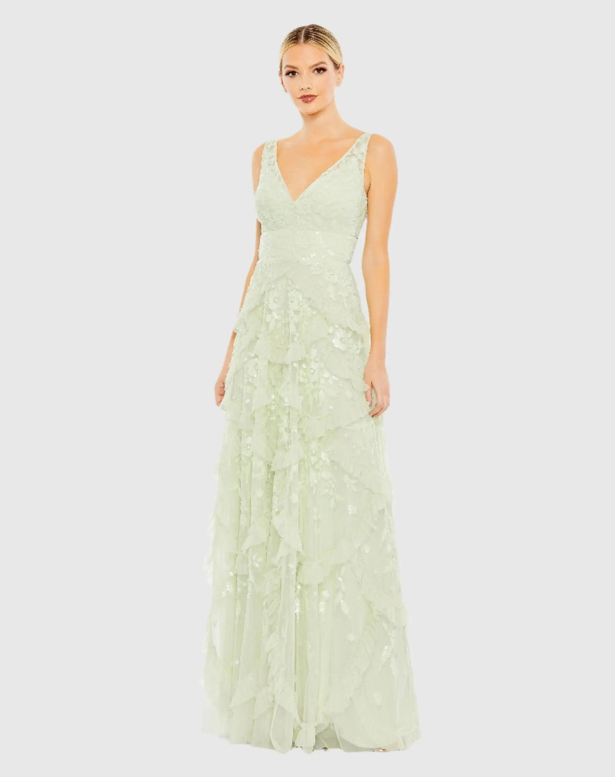 Green Sequined Scallop Ruffle Tiered V-Neck Gown