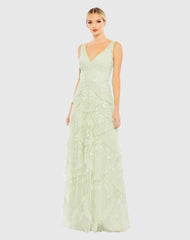 Green Sequined Scallop Ruffle Tiered V-Neck Gown