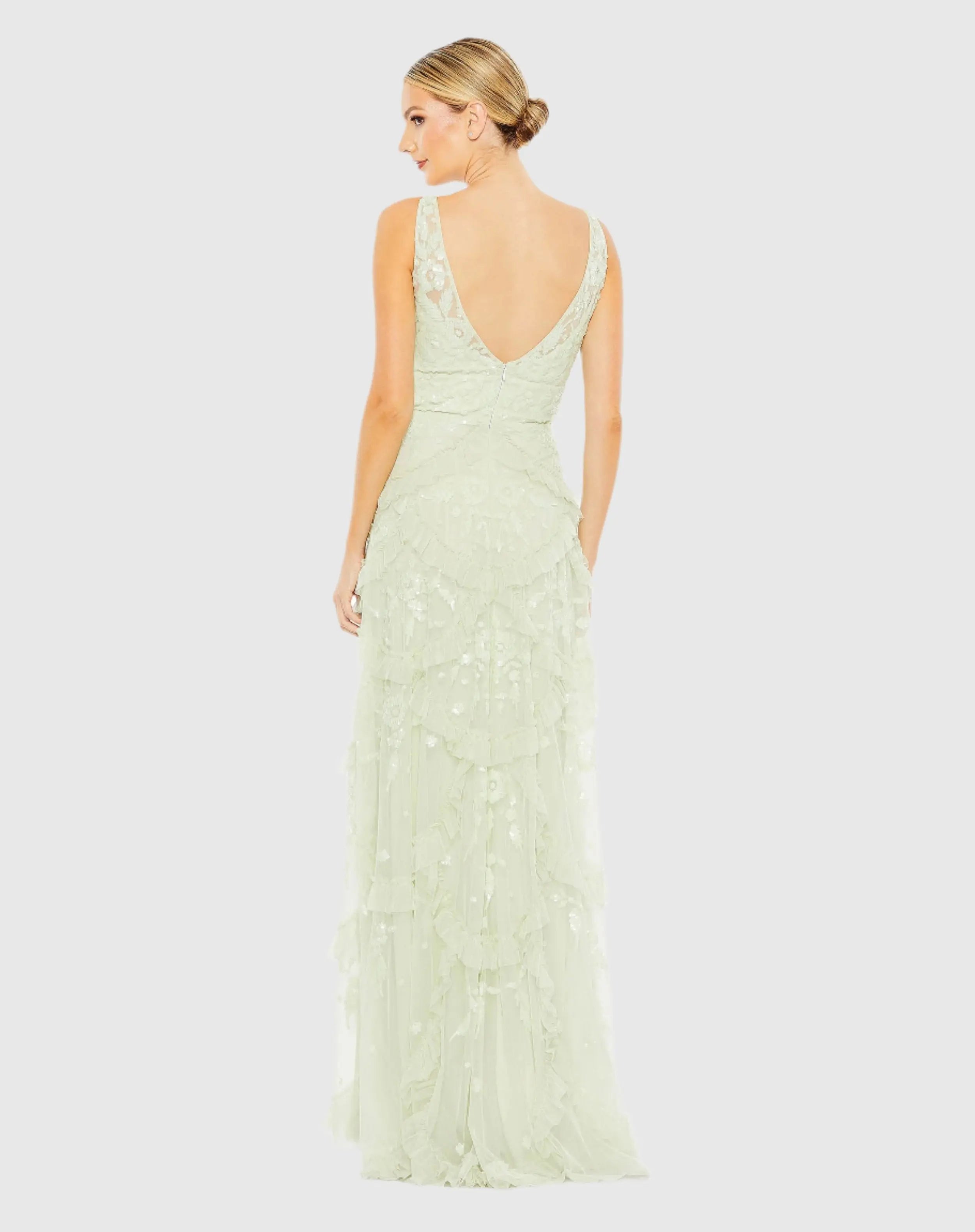 Green Sequined Scallop Ruffle Tiered V-Neck Gown