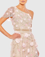 Pink Floral Embellished One Shoulder A Line Gown