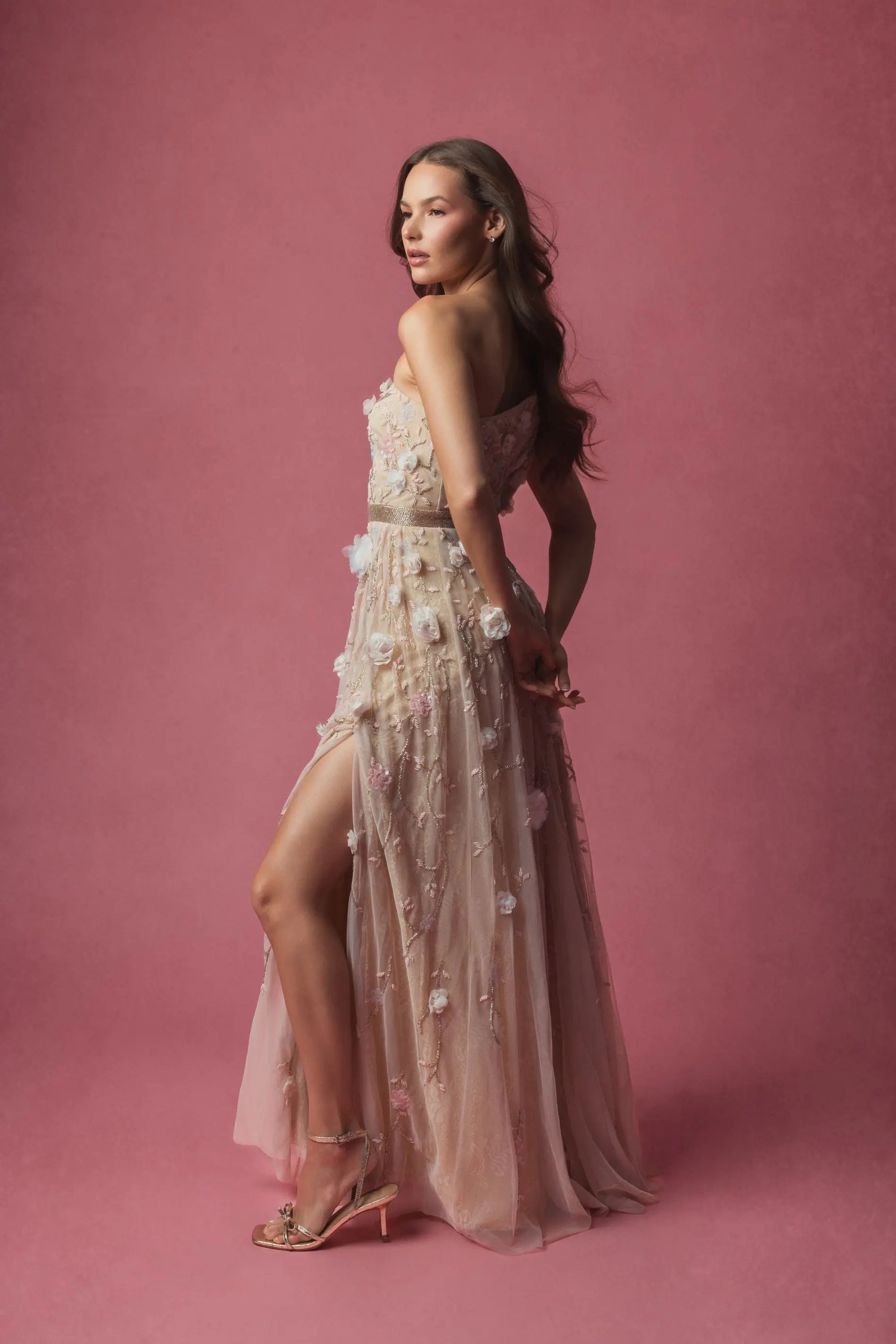 Pink Floral Embellished One Shoulder A Line Gown