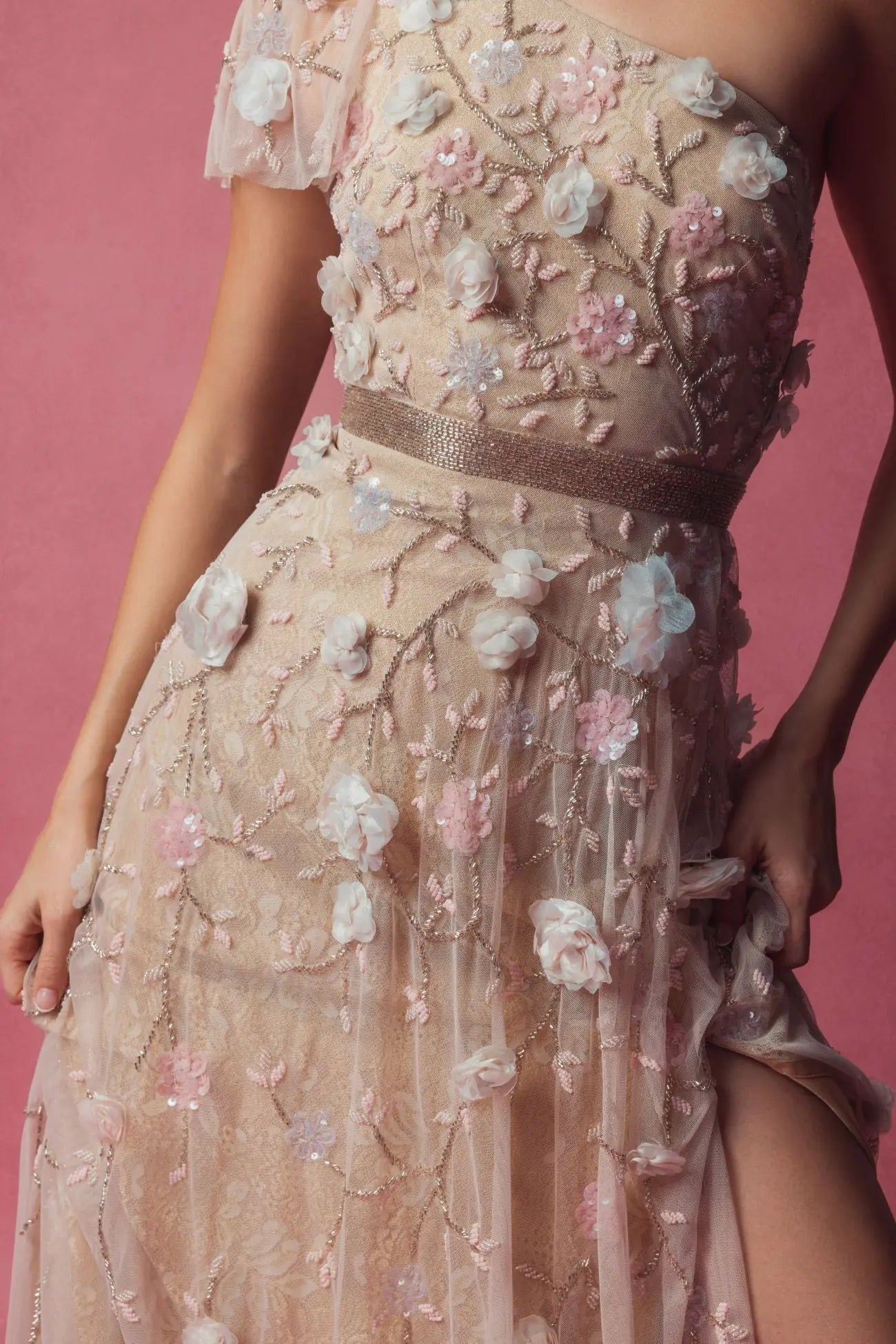 Pink Floral Embellished One Shoulder A Line Gown