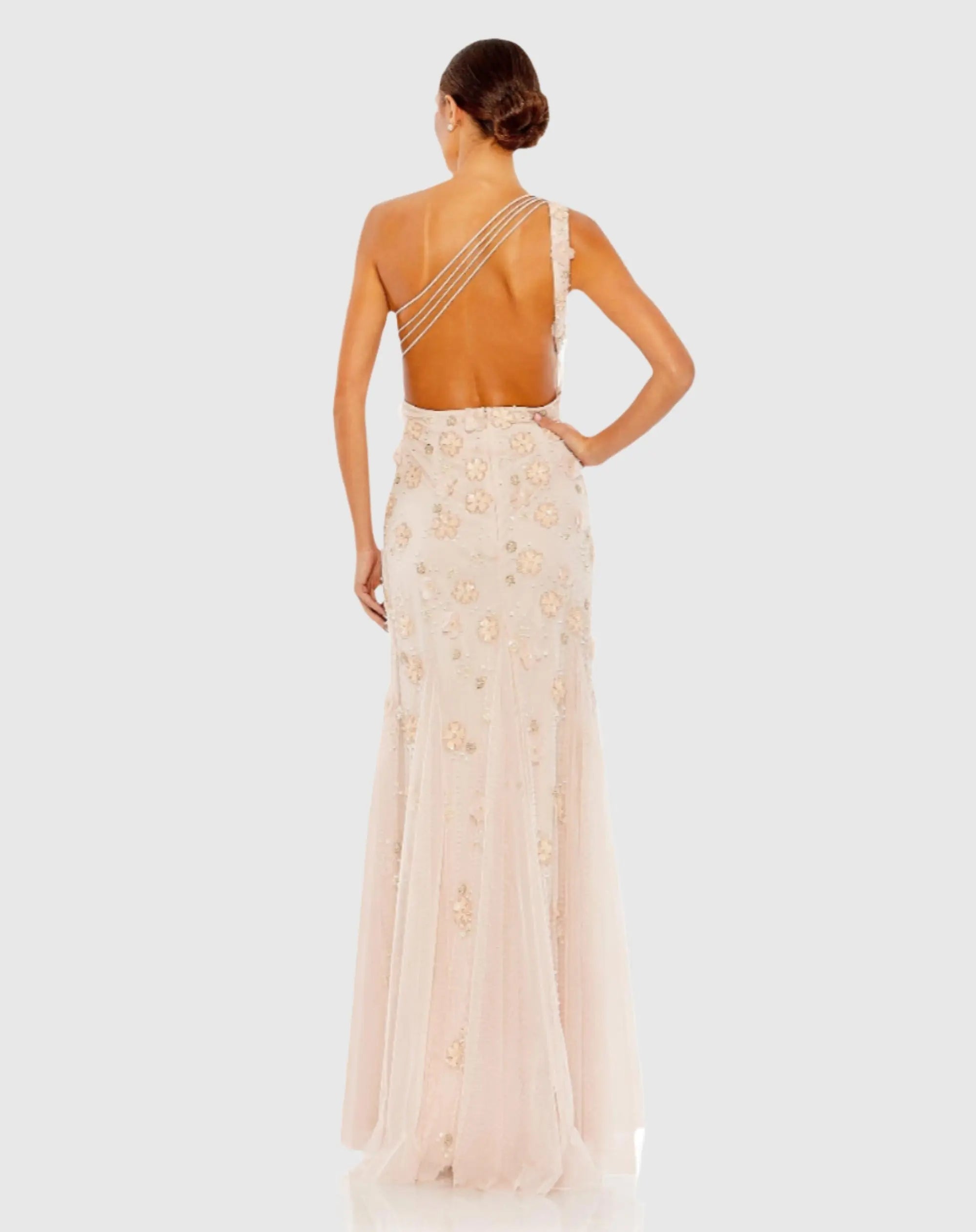 Pink Embellished One Shoulder Strappy Trumpet Gown