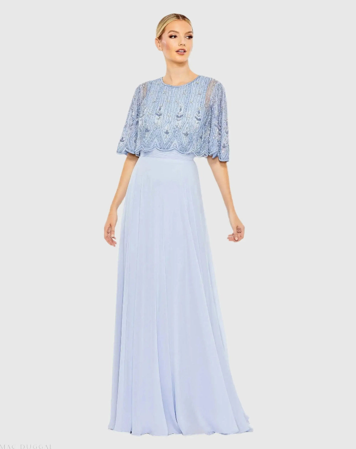 Blue Beaded Overlay A-Line Gown