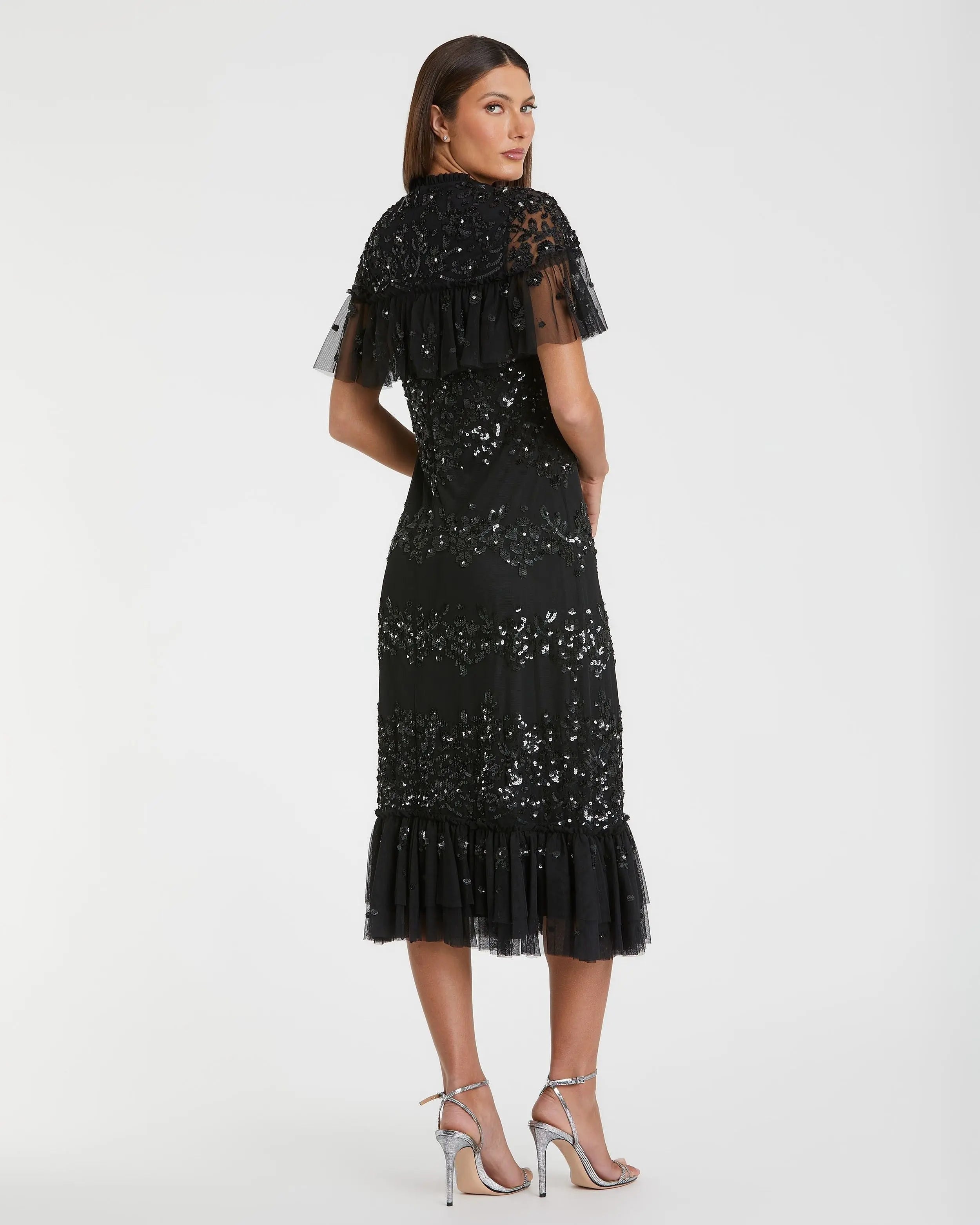 Black Sequined High Neck Ruffled Midi Dress