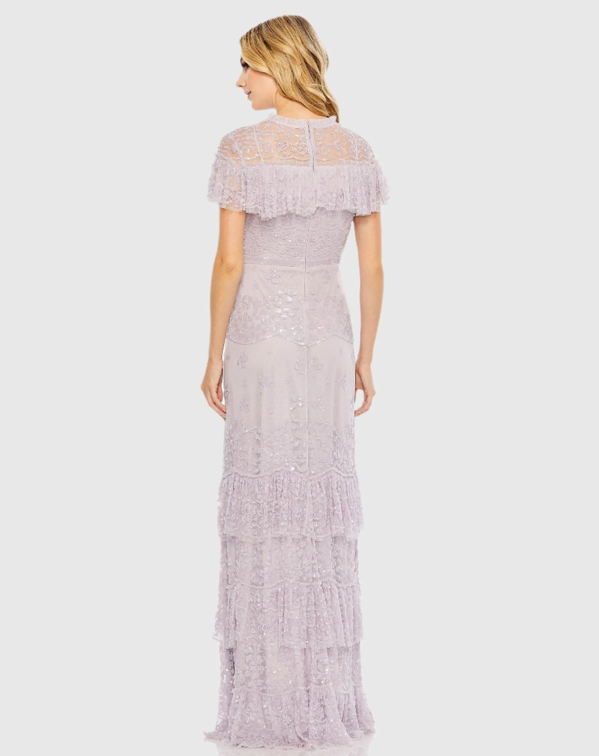 Purple Embellished Cap Sleeve Ruffle Tiered Gown