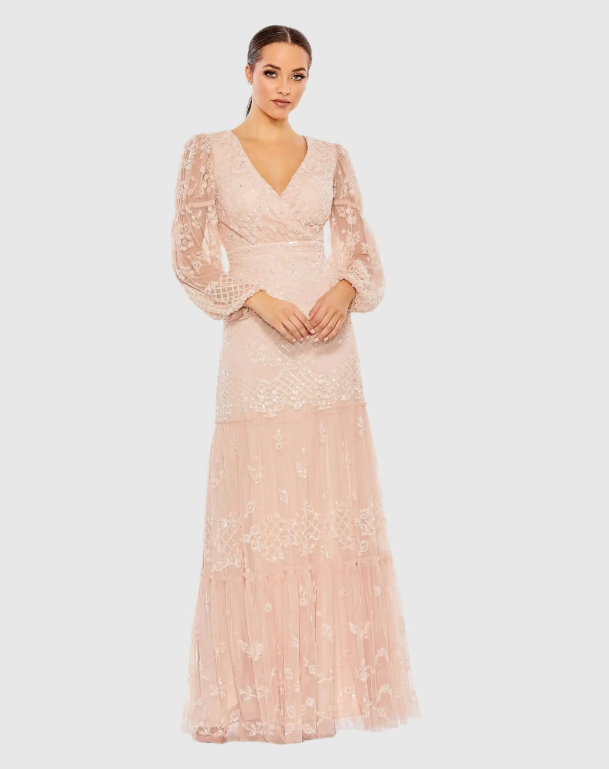 Pink Sequined Tiered Wrap Over Puff Sleeve Gown