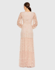Pink Sequined Tiered Wrap Over Puff Sleeve Gown