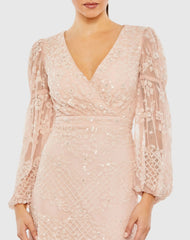 Pink Sequined Tiered Wrap Over Puff Sleeve Gown