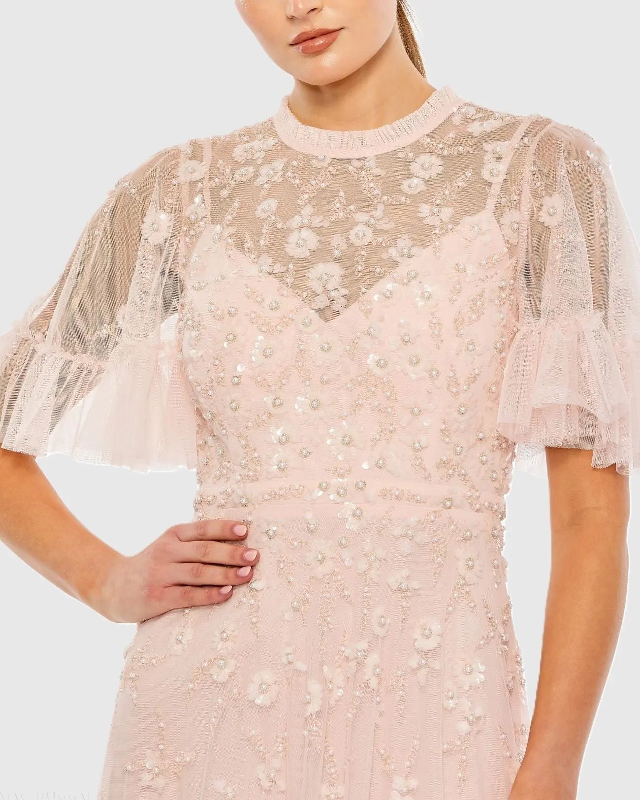 Light Pink Ruffled Floral Embellished Flutter Sleeve A Line Dress