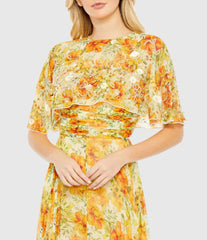 Yellow High Neck A-Line Floral Gown with Cape Sleeves
