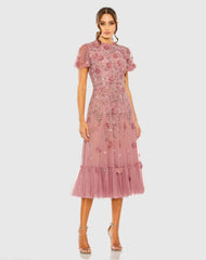 Embellished High Neck Cap Sleeve A Line Dress