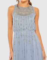 Blue High Neck Sleeveless Embellished A Line Cocktail Dress
