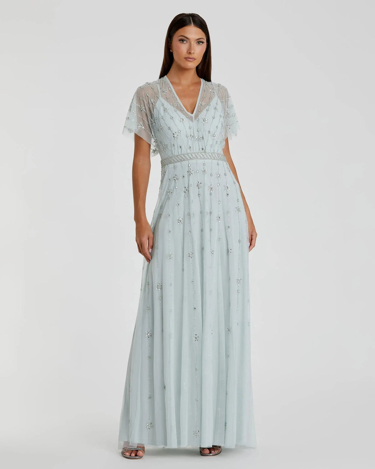 Blue V Neck Embellished Flutter Sleeve A Line Gown