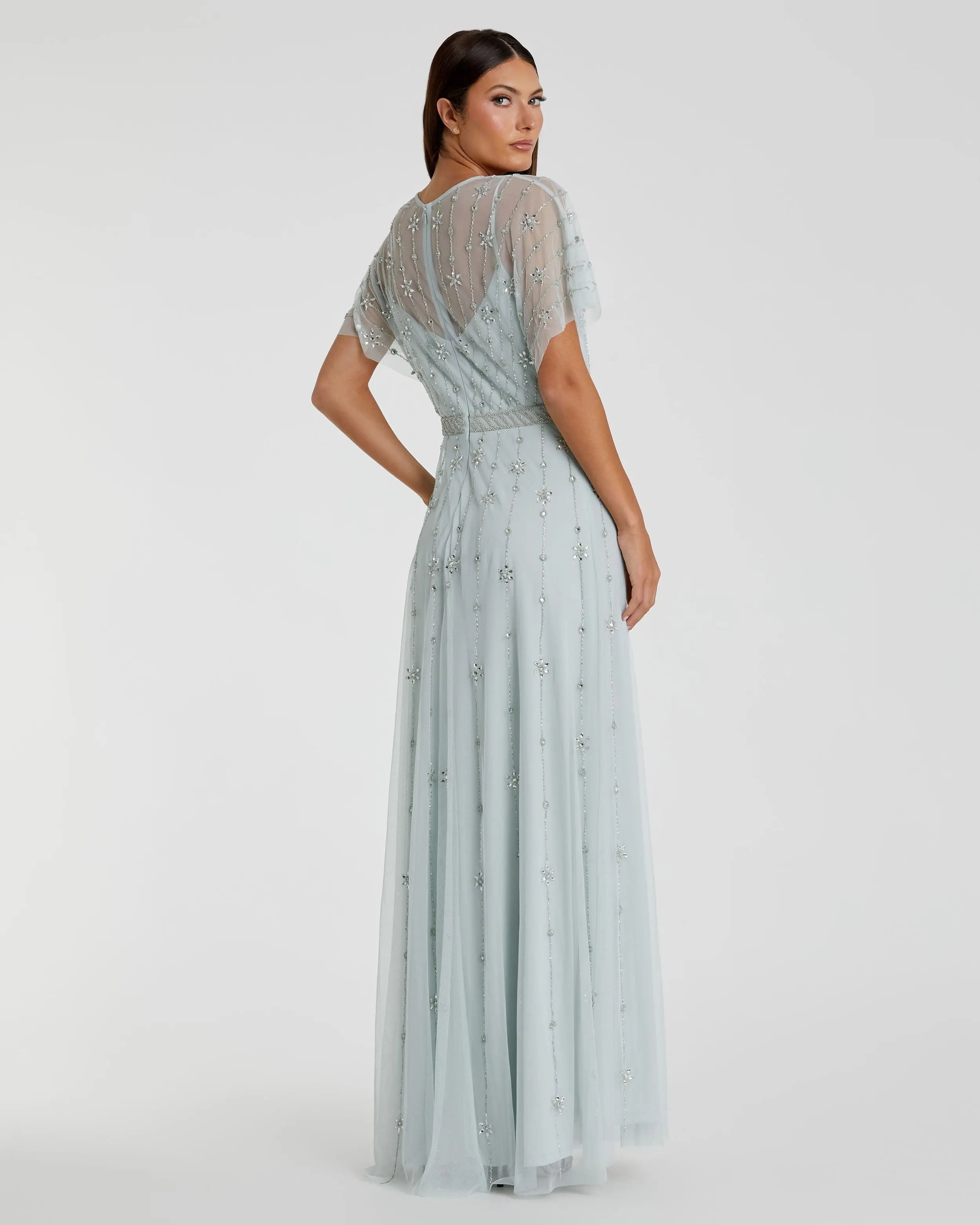 Blue V Neck Embellished Flutter Sleeve A Line Gown